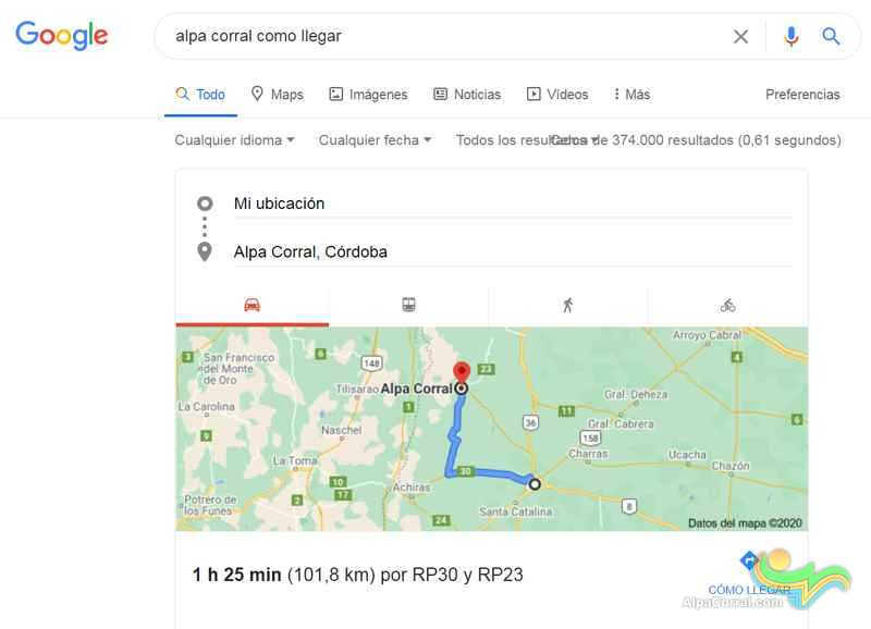 Alpa Corral mapa de como llegar desde Rio Cuarto
