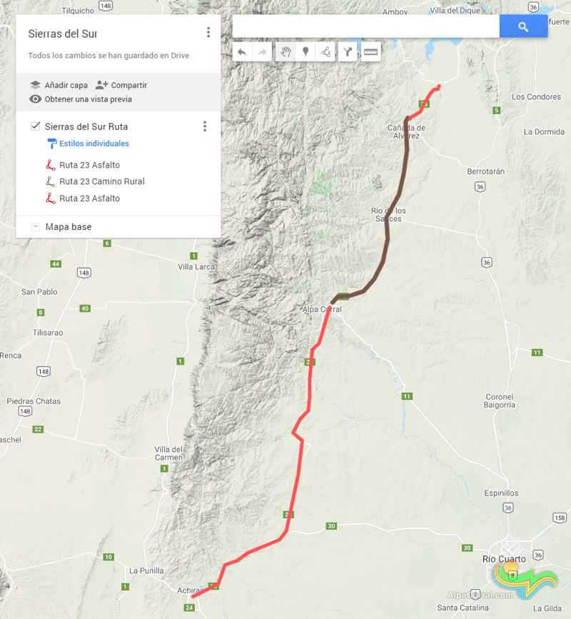 Sierras del sur de Cordoba mapa Achiras Las Aalbahacas Alpa Corral Rio de los Sauces La Cruz Embalse